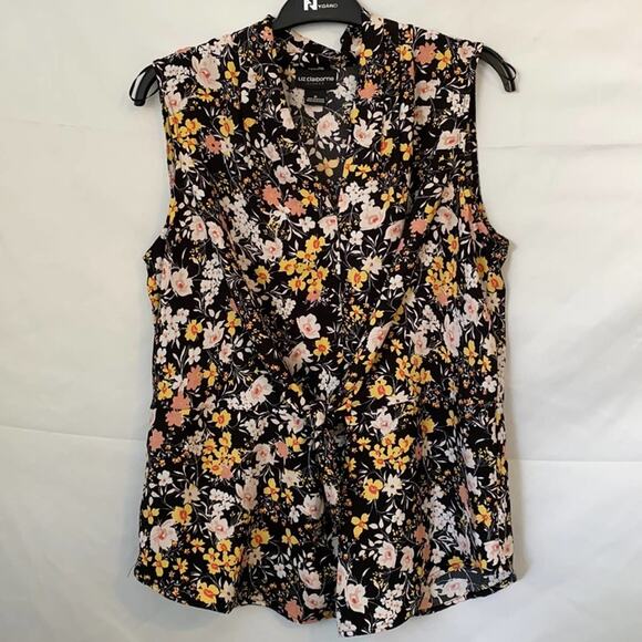 Liz Claiborne Tops - Liz Claiborne 'Career' Black Floral Waist Tie Top